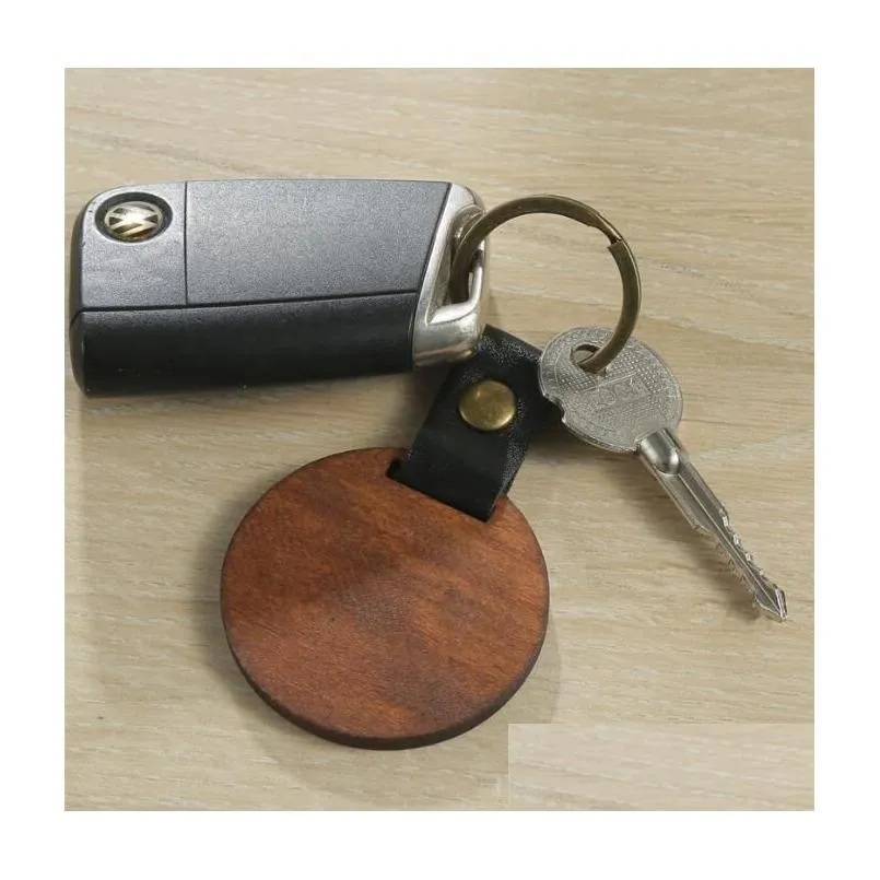 diy wooden keychain blank carved leather wood keychain pendant luggage decorative heart round key chain keyring