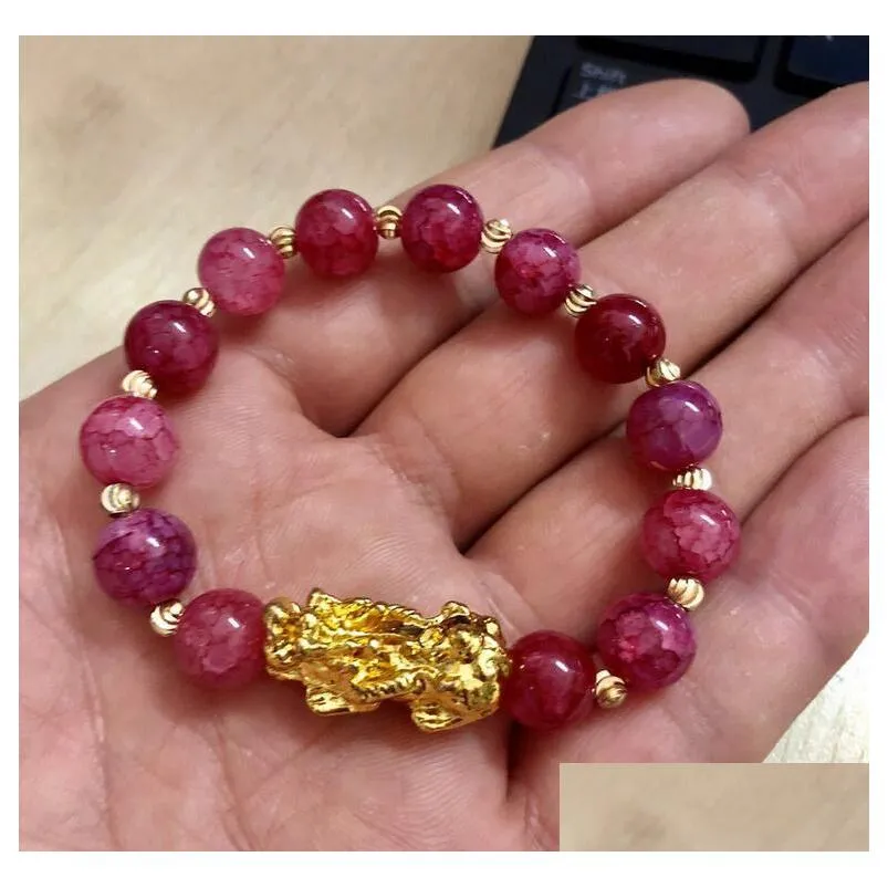 natural stone feng shui beaded strands bracelets pixiu wealth luck chinese pi yao dragon charm elastic amulet bracelet for men women