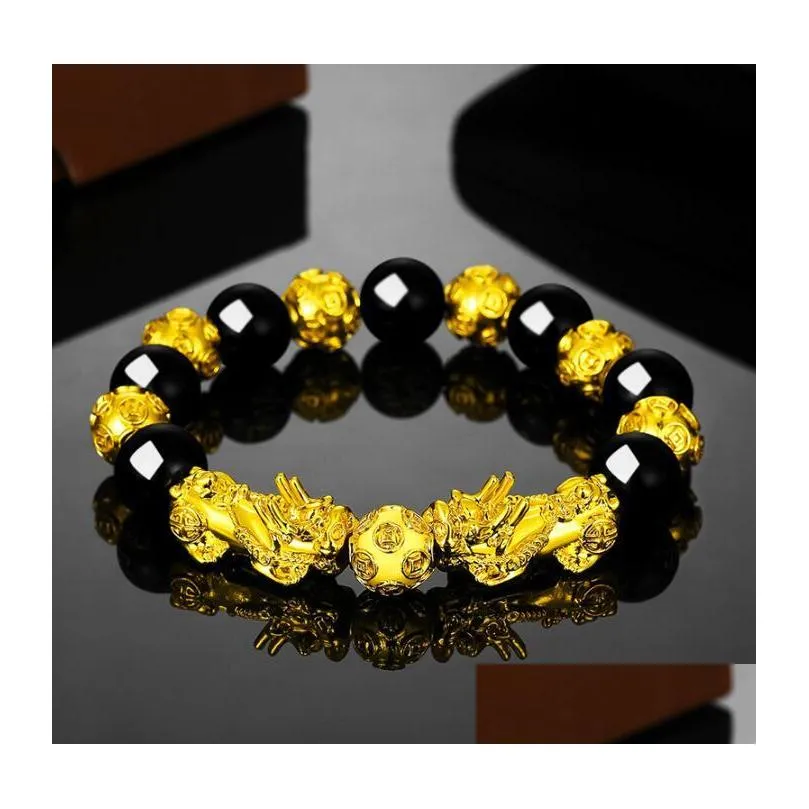 good luck wealth beaded strands bracelets black obsidian beads pixiu bracelet feng shui prosperity pi xiu bracelets for men women jewelry gift 18