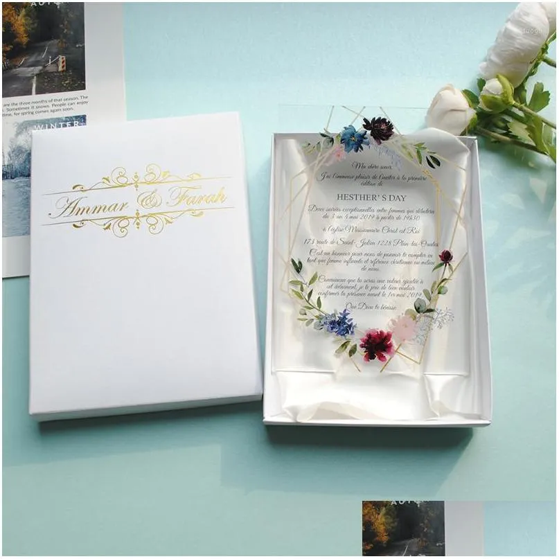  custom colorful printing acrylic card wedding invitation card transparent gold leaves1