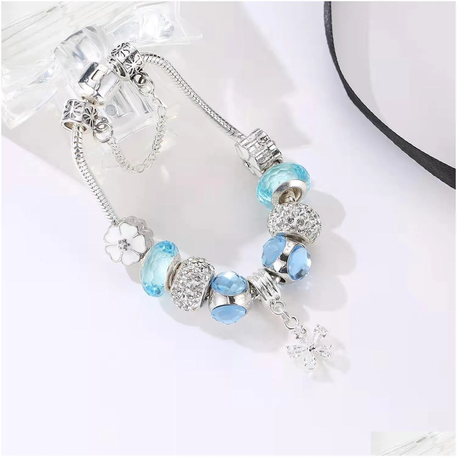 16 to 21cm light blue crystal charm bracelet oriental cherry charms beads fit bangle snake chain diy accessories jewelry as valentine gift with box or nylon