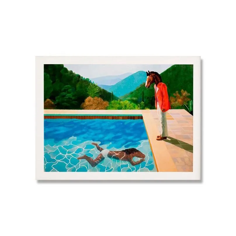 paintings bojack print poster david hockney inspired two horses swimming pool canvas painting mural art cartoon picture living room