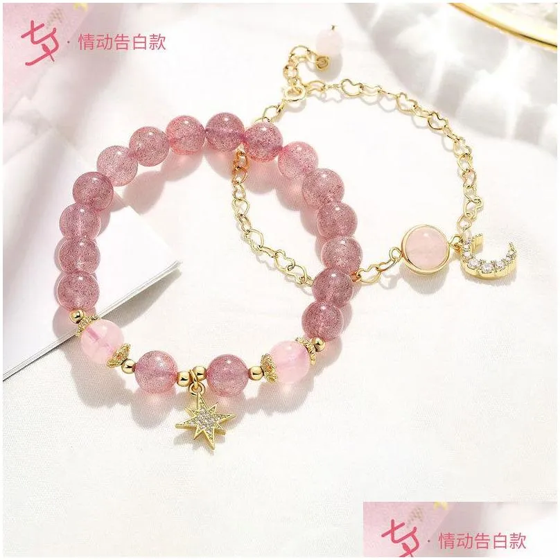 bracelet women fashion crystal bracelets natural stone pink strawberry beads bracelet valentines day present energy bangle