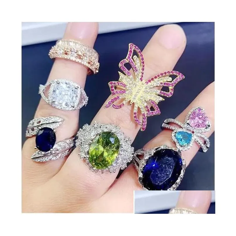 luxury crystal zircon stone rings real gold plate colorful zirconia finger heavy industry micro pave s925 silver gemstone jewelry mixed