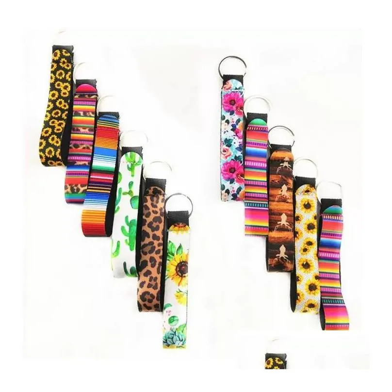 neoprene wristlet keychain printed hand wrist lanyard keyring holder flower strip leopard lanyard key ring keychains bag pendent