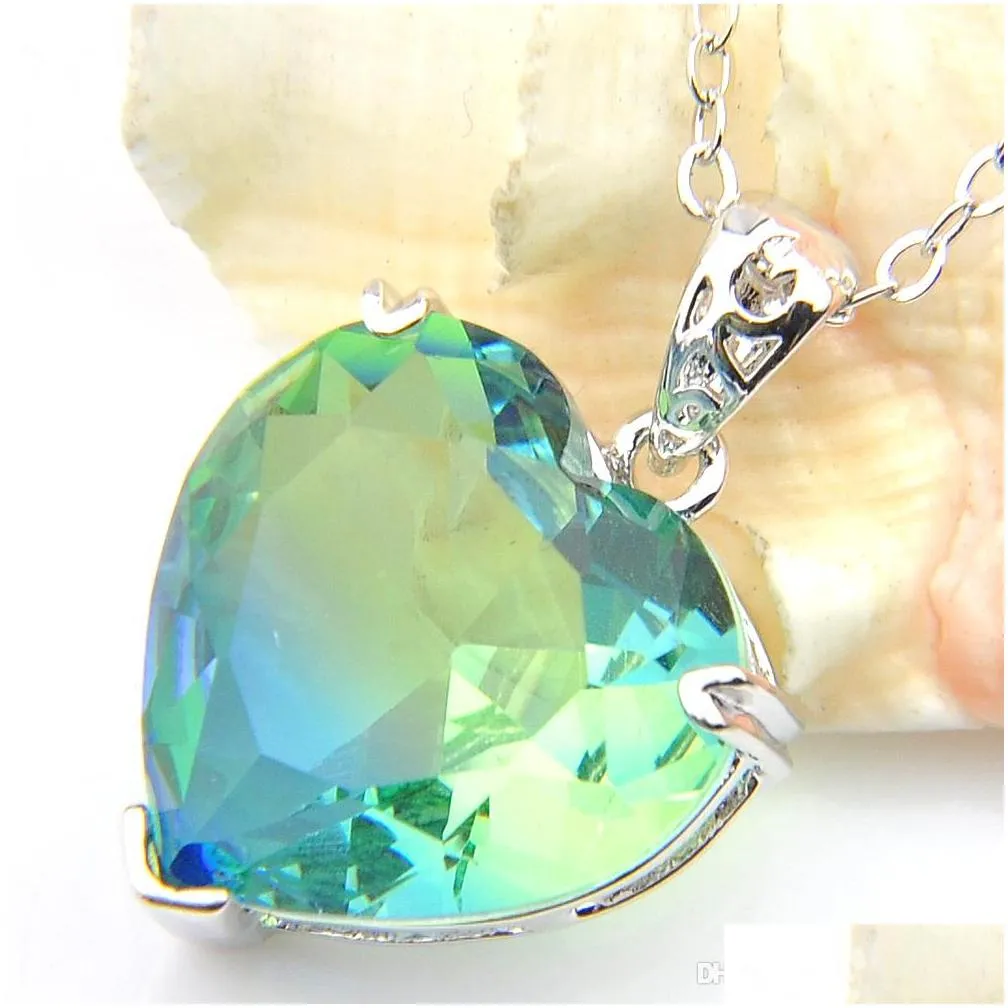 women 2 pcs set heart cut bi colored tourmaline gems 925 sterling silver plated crystal zircon solid bride dangle earring pendants