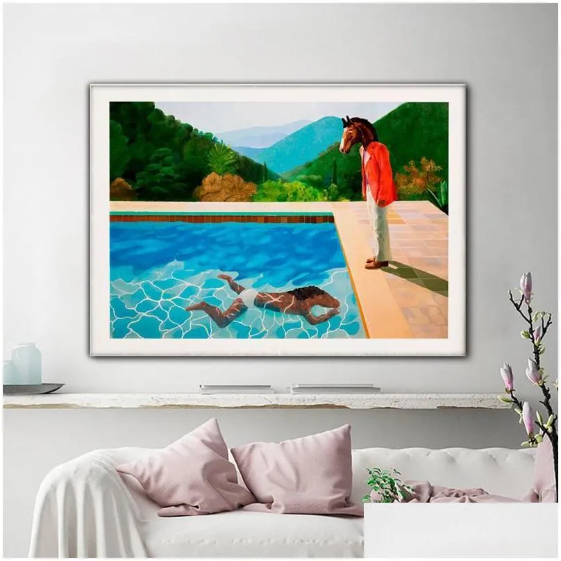 paintings bojack print poster david hockney inspired two horses swimming pool canvas painting mural art cartoon picture living room