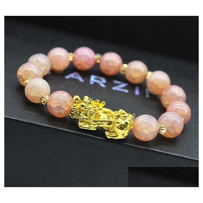 natural stone feng shui beaded strands bracelets pixiu wealth luck chinese pi yao dragon charm elastic amulet bracelet for men women