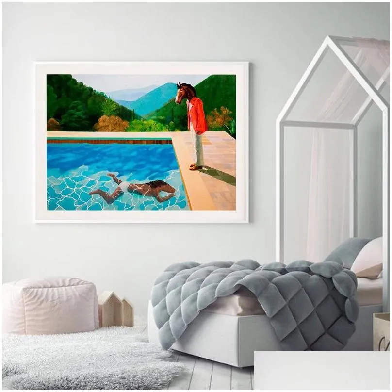 paintings bojack print poster david hockney inspired two horses swimming pool canvas painting mural art cartoon picture living room