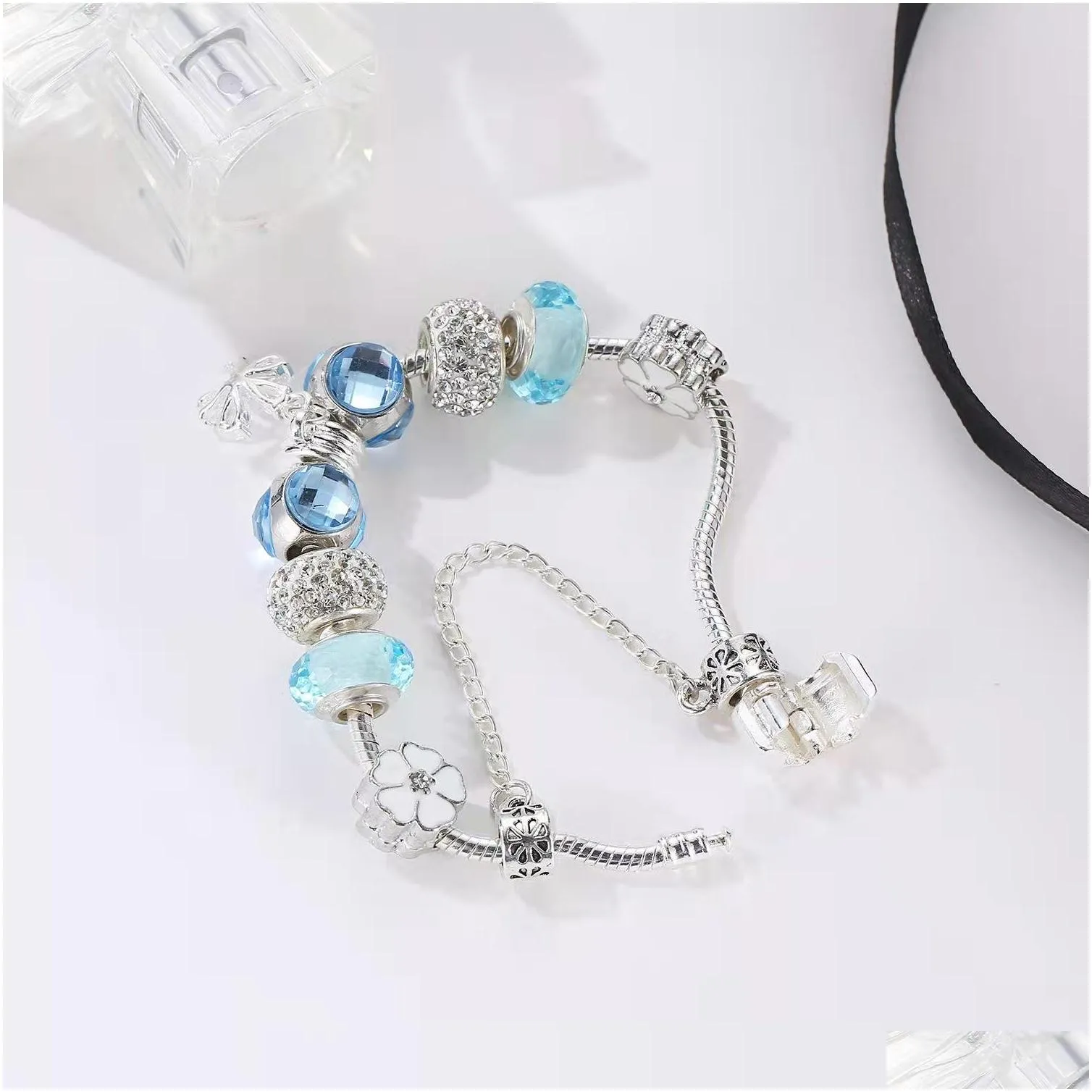16 to 21cm light blue crystal charm bracelet oriental cherry charms beads fit bangle snake chain diy accessories jewelry as valentine gift with box or nylon