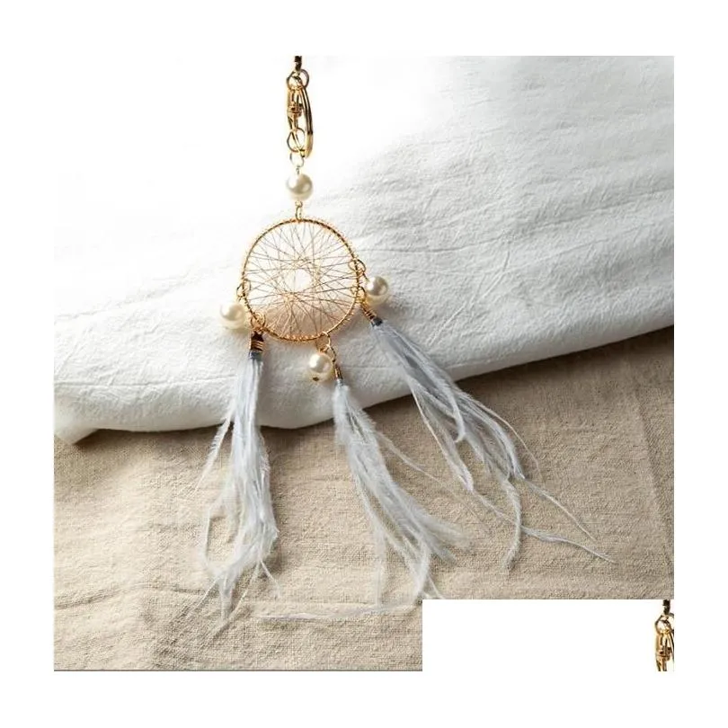 pearl feather key chains holder dreamcatcher pendants car keychain keyrings for girls women bag hanging fashion charm key rings