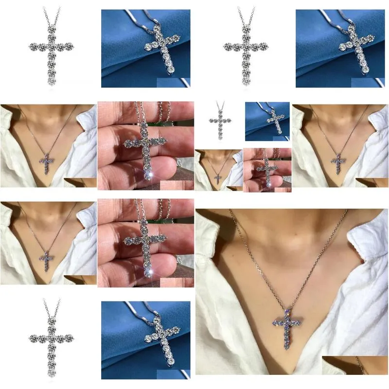 925 sterling silver necklaces full round cut white topaz cz diamond cross pendant party women clavicle necklace gift