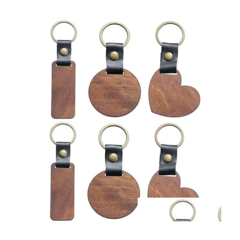 diy wooden keychain blank carved leather wood keychain pendant luggage decorative heart round key chain keyring