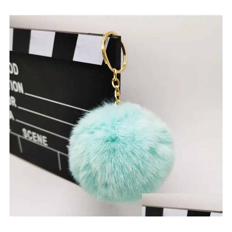 8cm pompom bag keychain rings car keyring gold color chains pompons fake faux rabbit fur charms chain diy pom poms balls women