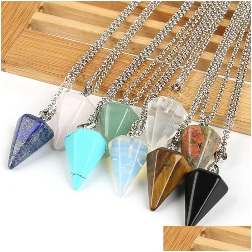fashion classic necklace natural stone hexagonal pendulum chain pendant 14 colors taper soul swing bullet crystal necklace jewelry