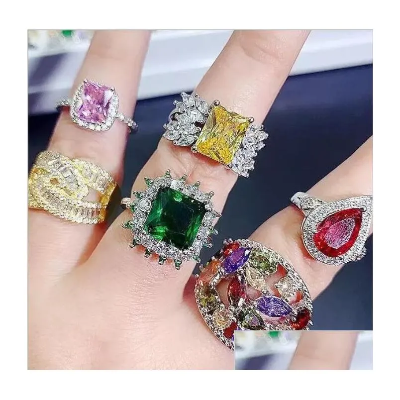 luxury crystal zircon stone rings real gold plate colorful zirconia finger heavy industry micro pave s925 silver gemstone jewelry mixed