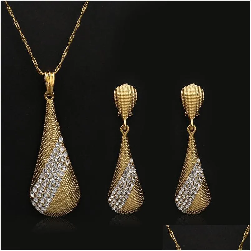 fashion dubai jewelry sets for women crystal water drop necklace pendant earrings statement bridal wedding party gift