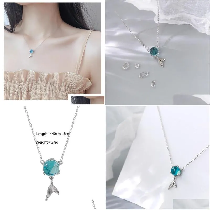 chains popacc dainty 925 sterling silver blue crystal fish tail necklace for women collares clavicle chain birthday gift