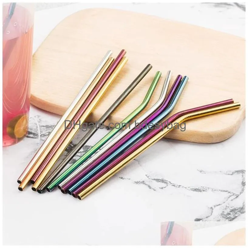 6x266mm colorful stainless steel straws reusable straight and bent drinking straw cleaning brush for kitchen bar