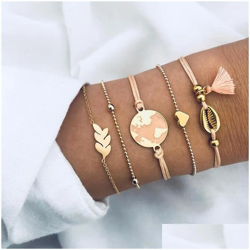 charm bracelets bohemian 2022 shell map heart bangles for women pink tassel sets jewelry gifts vintage