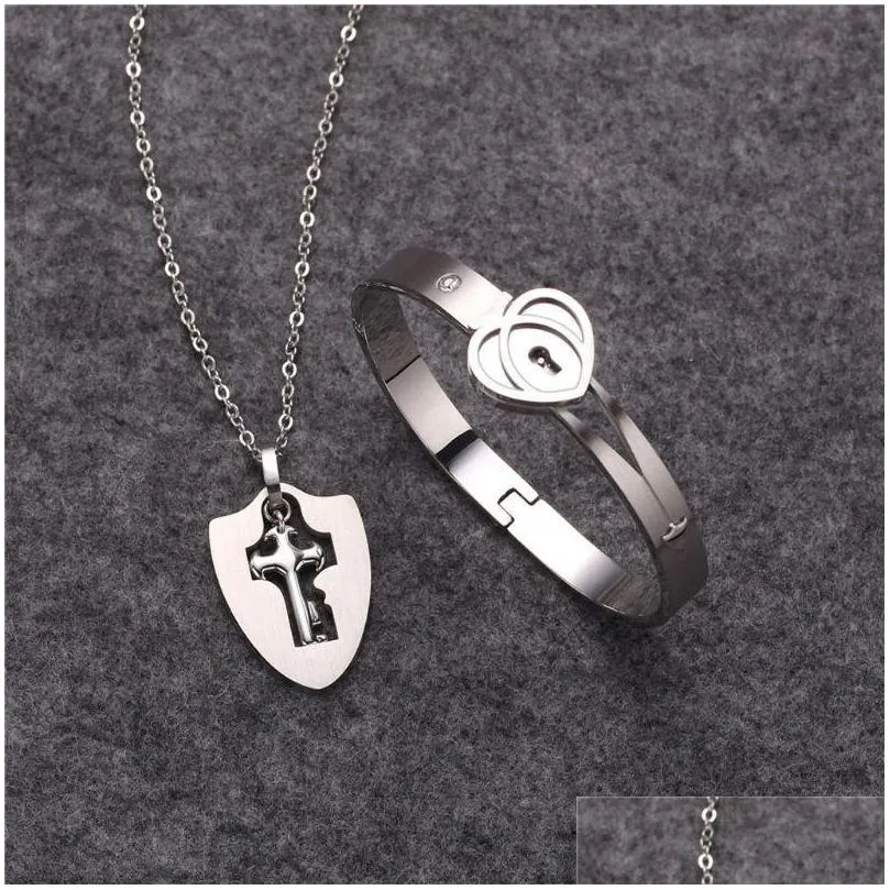 titanium steel love puzzle couple heart lock key bracelet necklace lover jewelry set fashion earrings 