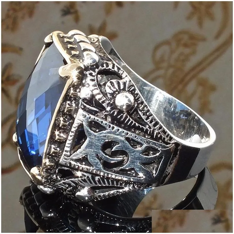 cluster rings vintage punk large blue stone hip hop carved geometric cut zircon finger for mens jewelry bague homme z4q939