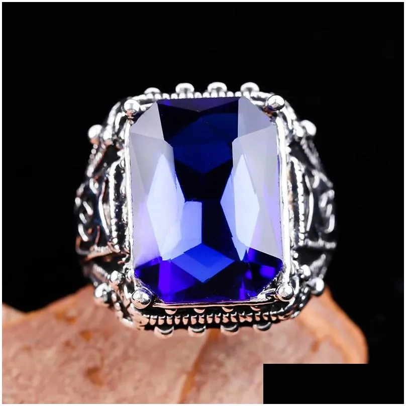 cluster rings vintage punk large blue stone hip hop carved geometric cut zircon finger for mens jewelry bague homme z4q939