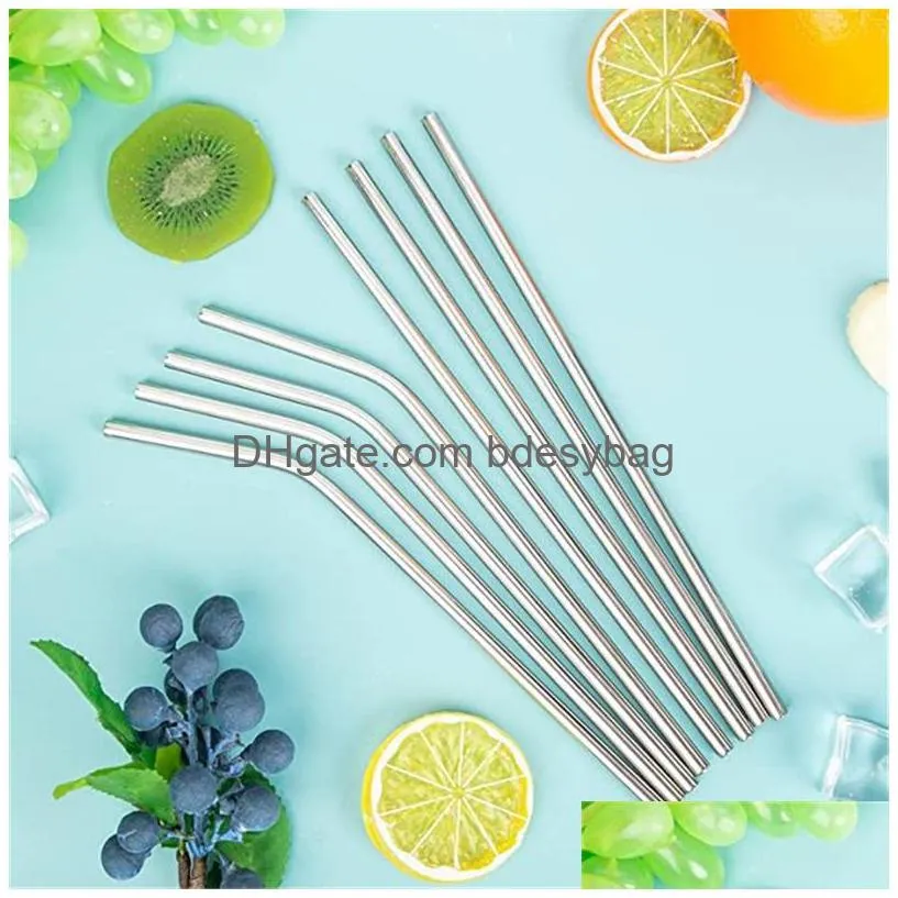 6x266mm colorful stainless steel straws reusable straight and bent drinking straw cleaning brush for kitchen bar