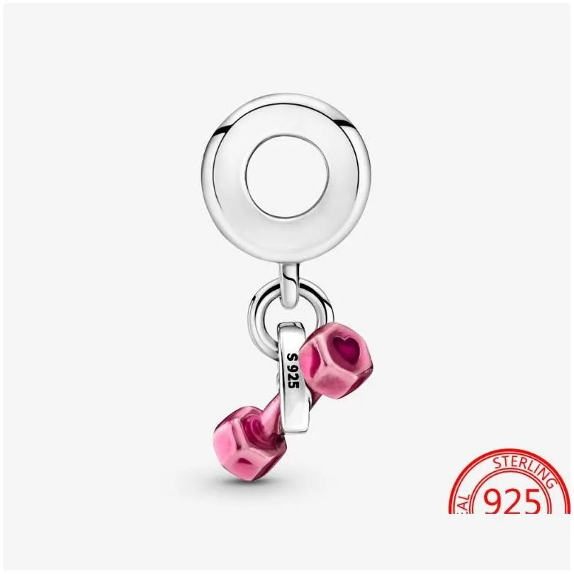 other 100 925 sterling silver pink dumbbell heart dangle charm fit 3mm bracelet s925 diy jewelry gift girl