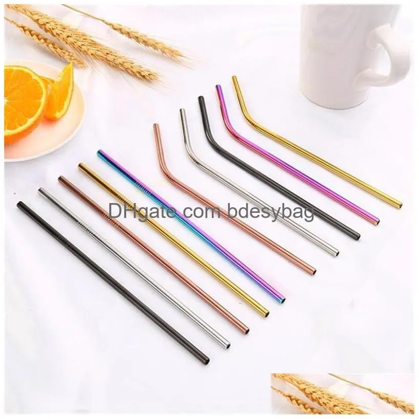 6x215mm stainless steel drinking straws reusable colorful metal straw cleaning brush for party wedding bar