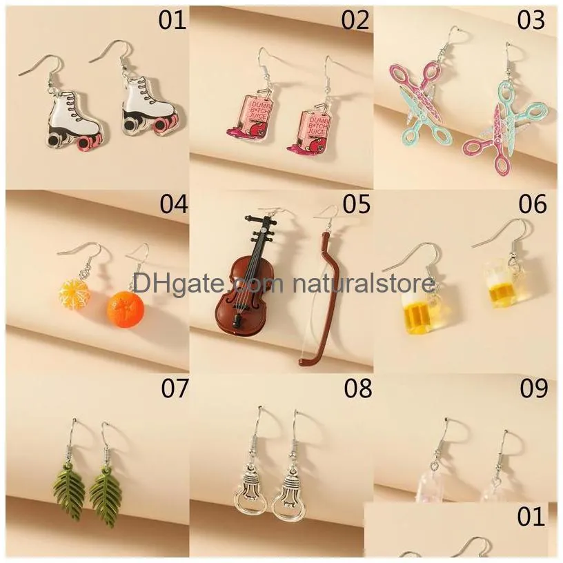 dangle chandelier fun earrings acrylic leaf orange violin light bulb drink pendant earring for women child gift jewelry wholesale