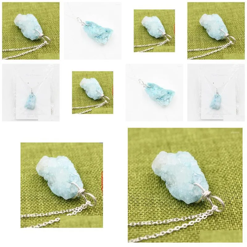 pendant necklaces natural crystal cluster bare stone summer female necklace beautiful simple makaron creative clavicle light blue