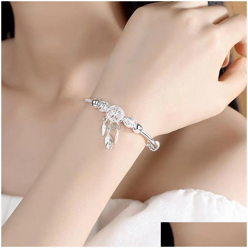 bangle 999 sterling silver adjustable women elegant jewelry sl209 dreamcatcher tassel feather round bead charm bracelet bangle for