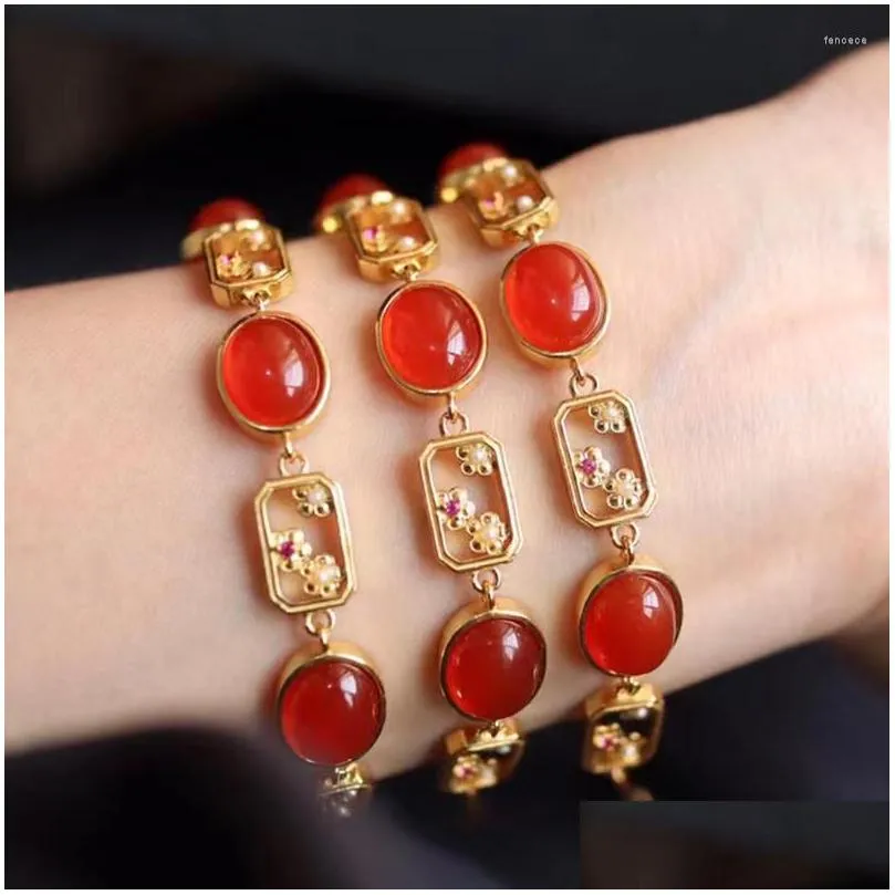 link bracelets 2022 fashionable 925 sterling silver auspicious red bracelet women inlaid agate vintage plum blossom jewelry