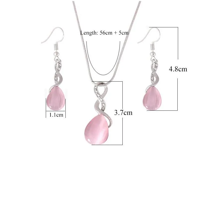  design pink opal necklace earrings and ring jewelry set natural gem stone water drop necklace earring set jewelry for women