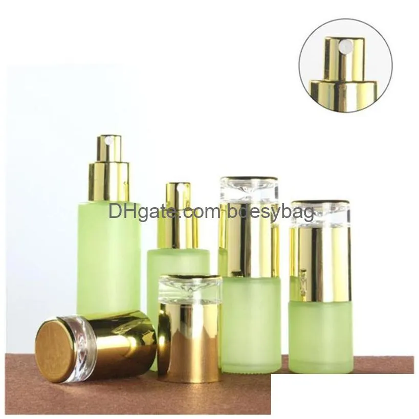 30ml 60ml 80ml 100ml 120ml frosted green cosmetic glass lotion bottle packaging jars with plastic cap empty spray bottles