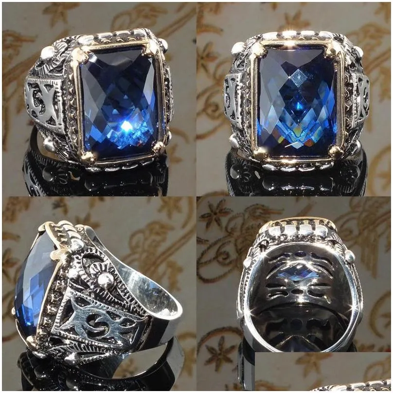 cluster rings vintage punk large blue stone hip hop carved geometric cut zircon finger for mens jewelry bague homme z4q939