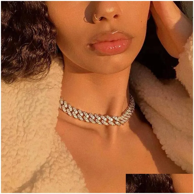 fashion 15mm cuban link chains necklace for women men hip hop jewelry bling iced out full rhinestone rapper choker necklaces