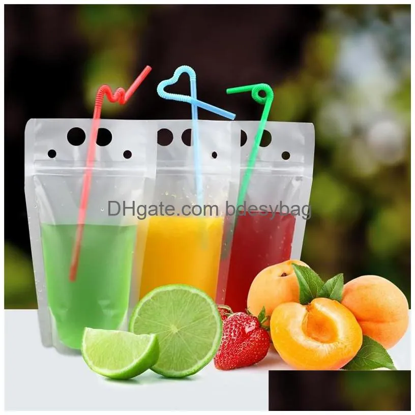 100 pcs drink pouch bag with straws 250ml500ml juice pouches translucent reclosable zipper plastic drinking poucjes sealed juices liquid