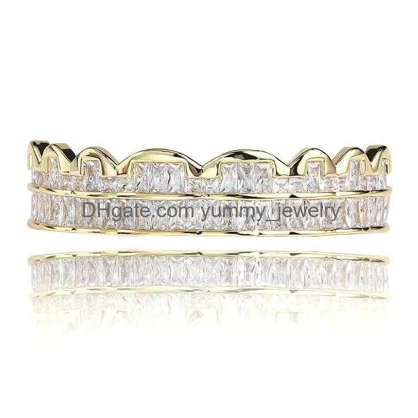 personalized white gold cz cubic zirconia teeth grills hip hop vampire bling fang grillz iced out full diamond tooth cap mens womens 645