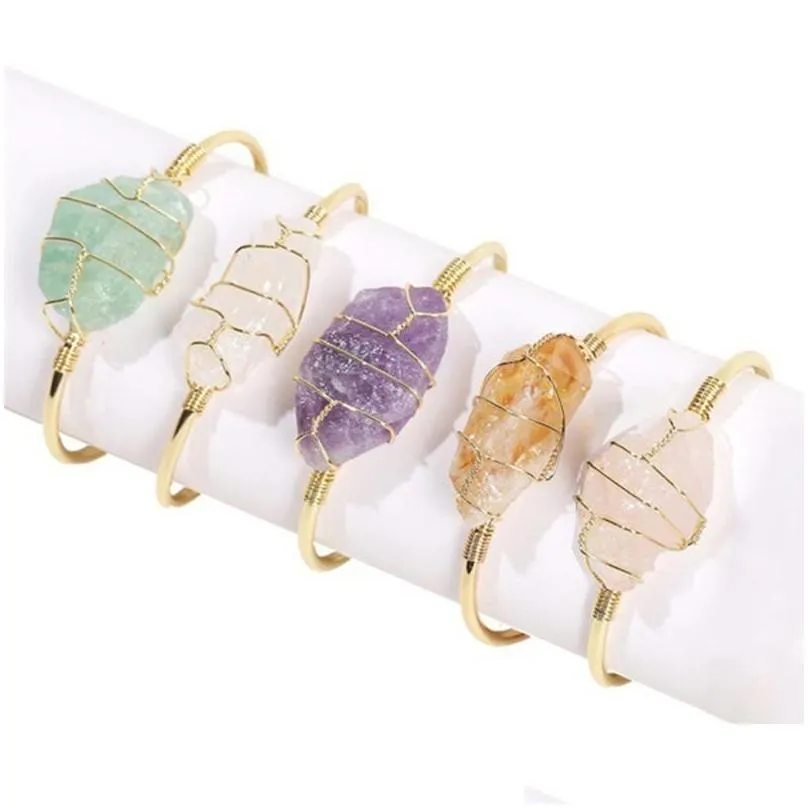 bangle gemstone jewelry gifts women irregular crystal quartz natural stone bangles goldcolor wire wrap metal cuff bracelets