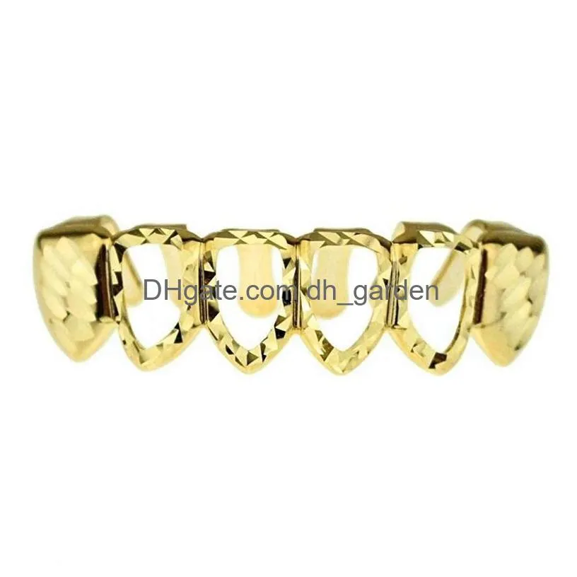 new gold silver hollow open dlampnd cut 6 tooth top bottom grills teeth caps tooth hiphop grillz set party jewelry 535 t2