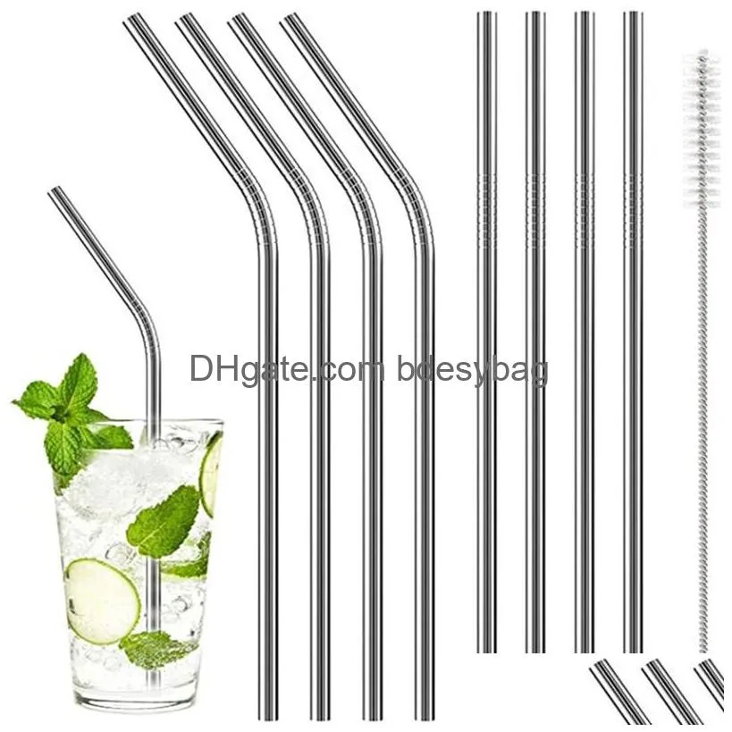 stainless steel drinking straws reusable straight and bend metal straws cleaning brush for beer fruit juice drinking tool