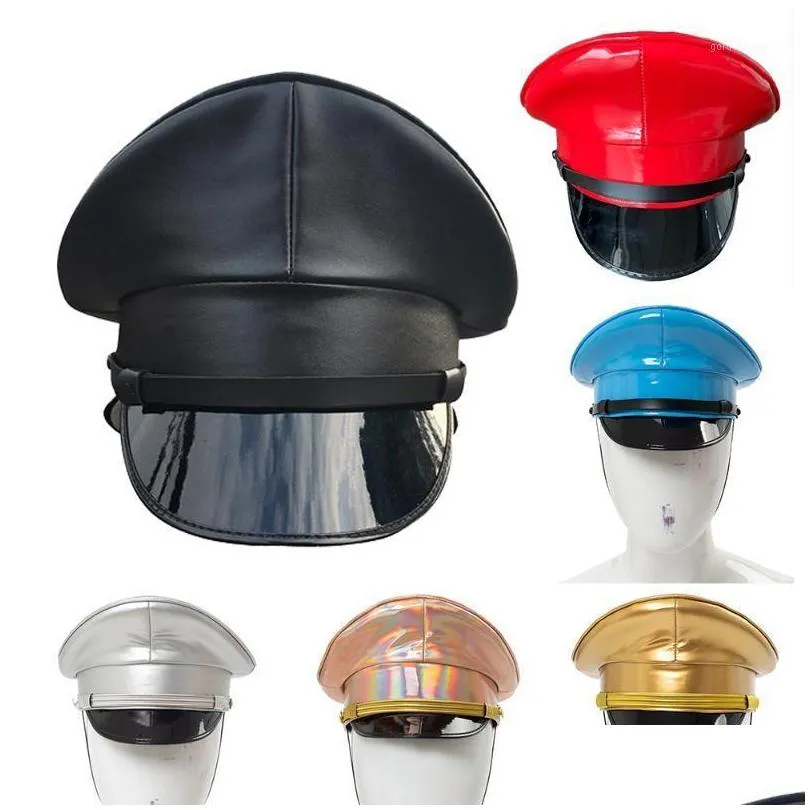 wide brim hats night bar cap sercurity hat captain pu leather red stage performance prop 57/59/61cm1