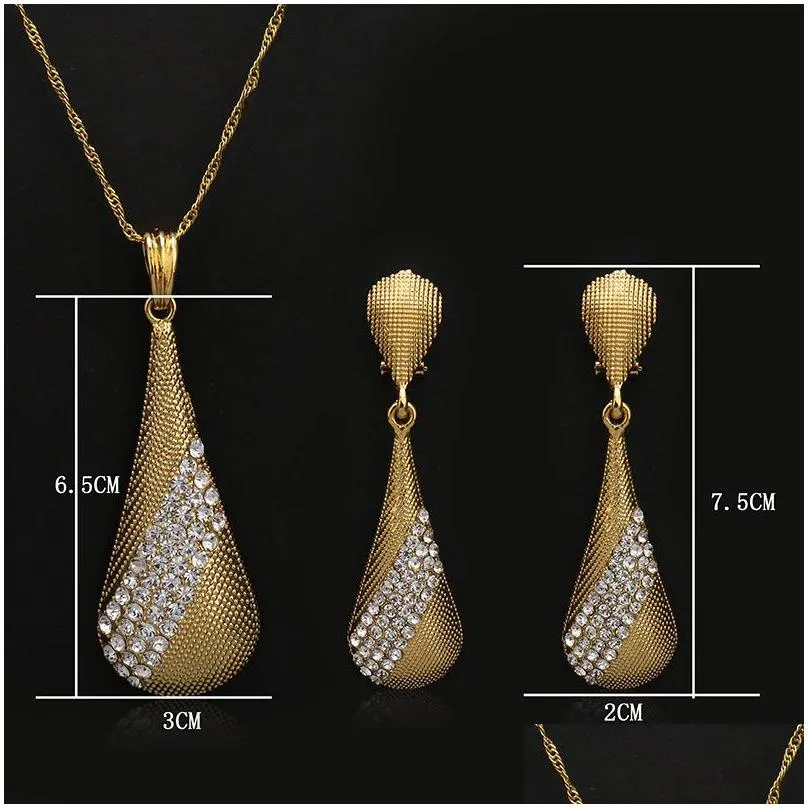 fashion dubai jewelry sets for women crystal water drop necklace pendant earrings statement bridal wedding party gift