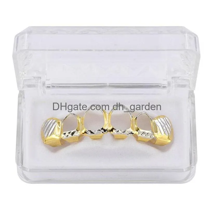 new gold silver hollow open dlampnd cut 6 tooth top bottom grills teeth caps tooth hiphop grillz set party jewelry 535 t2