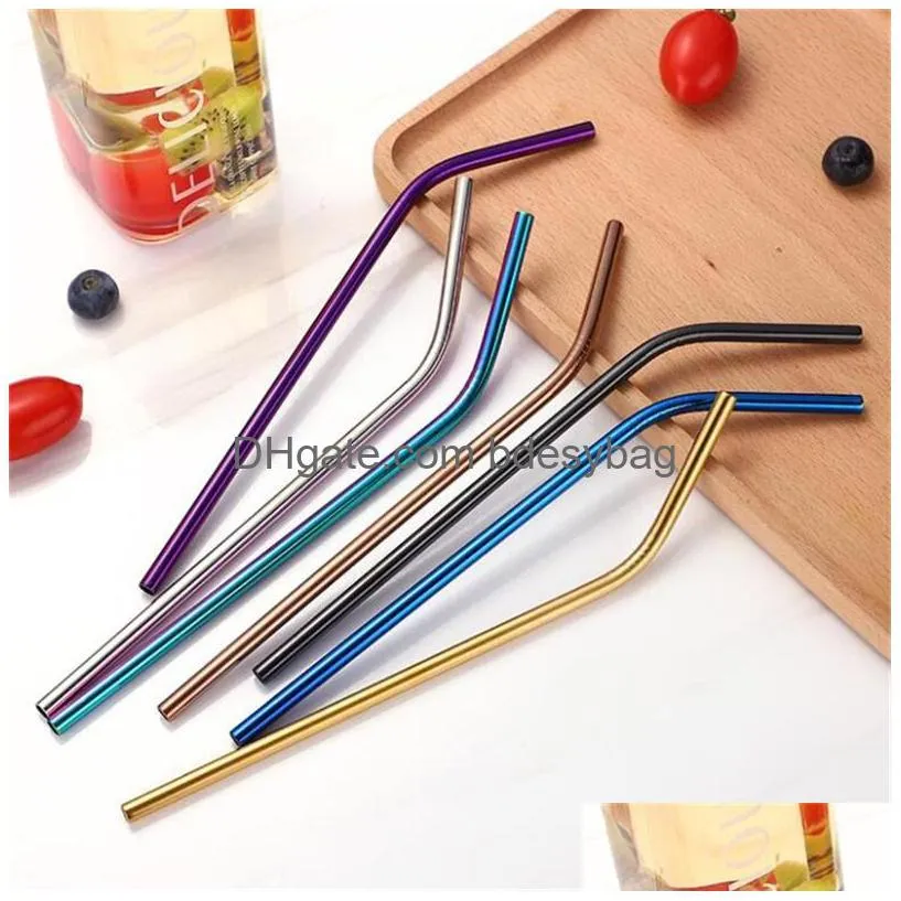 6x241mm stainless steel drinking straws reusable colorful metal straw cleaning brush for party wedding bar