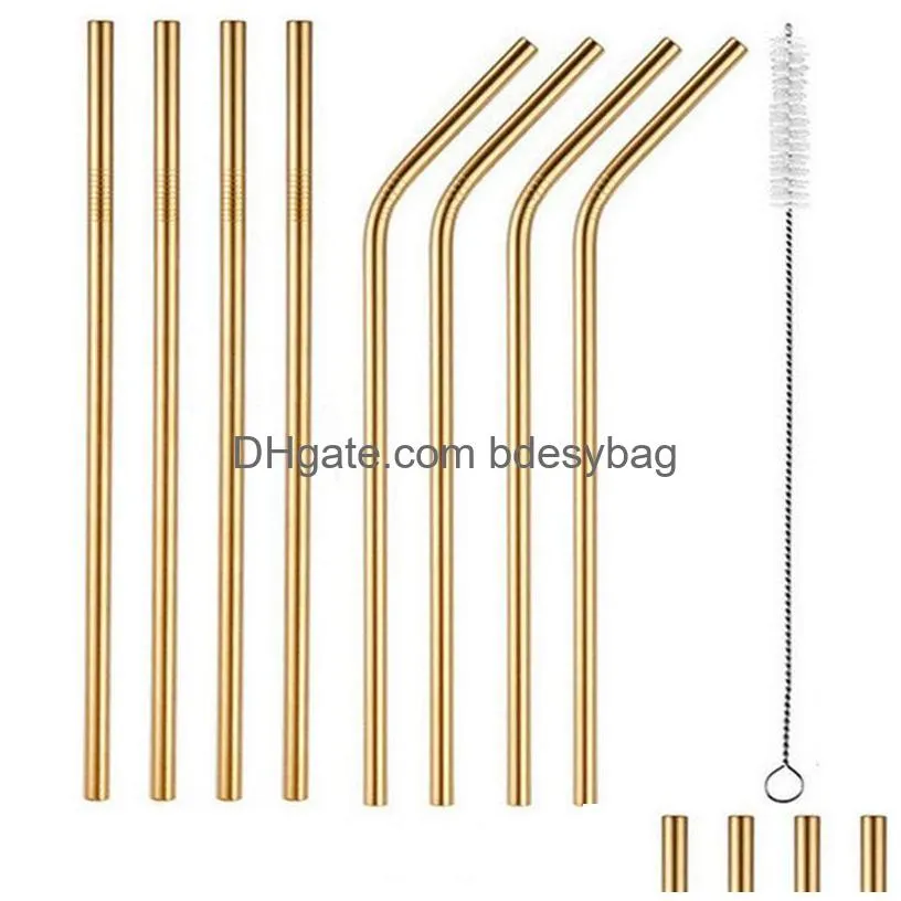 6x215mm stainless steel drinking straws reusable colorful metal straw cleaning brush for party wedding bar