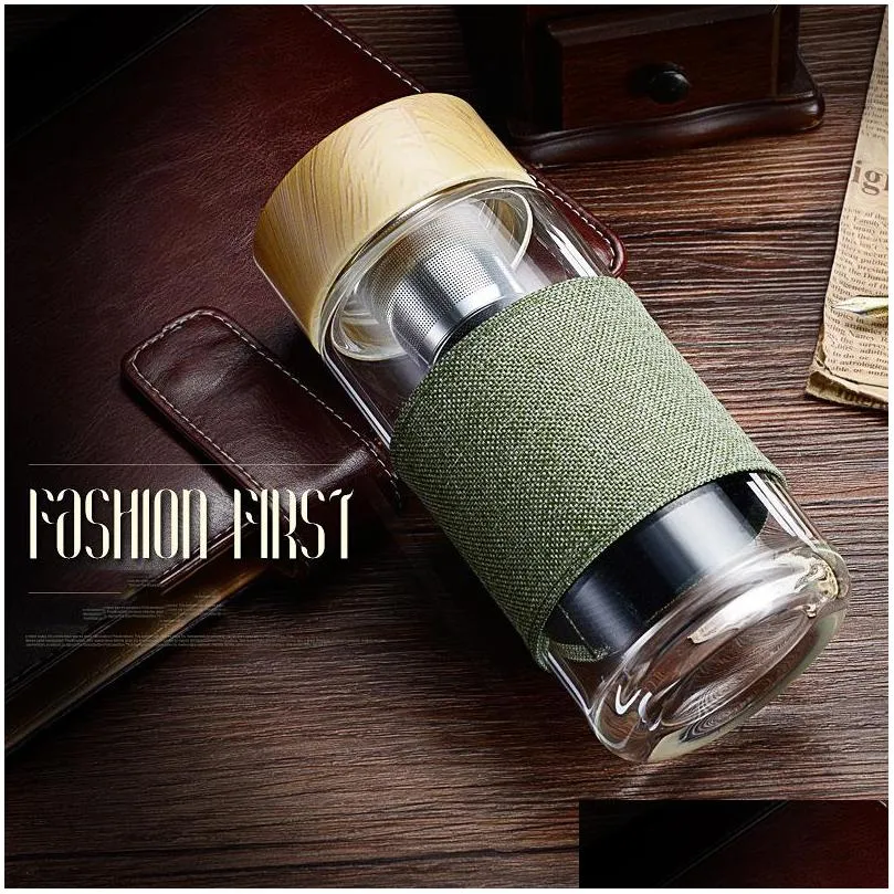 350ml 12oz glass water bottles heat resistant round office tea cup with stainless steel tea infuser strainer tea mug car tumblers dbc