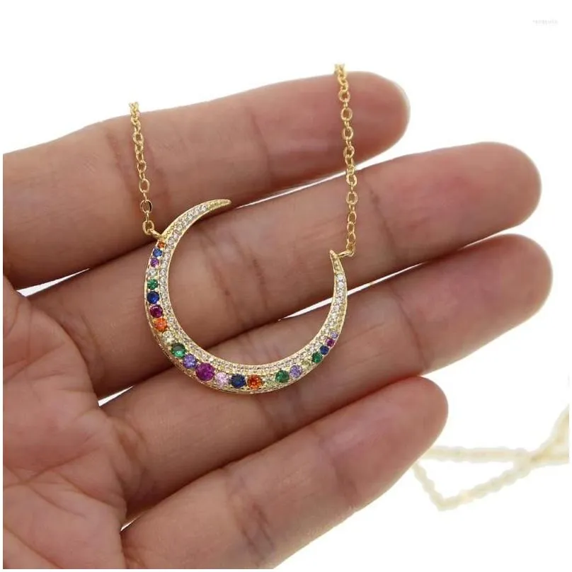 pendant necklaces gold filled fashion rainbow cz paved big moon charm necklace with color link chain for women wedding colorful